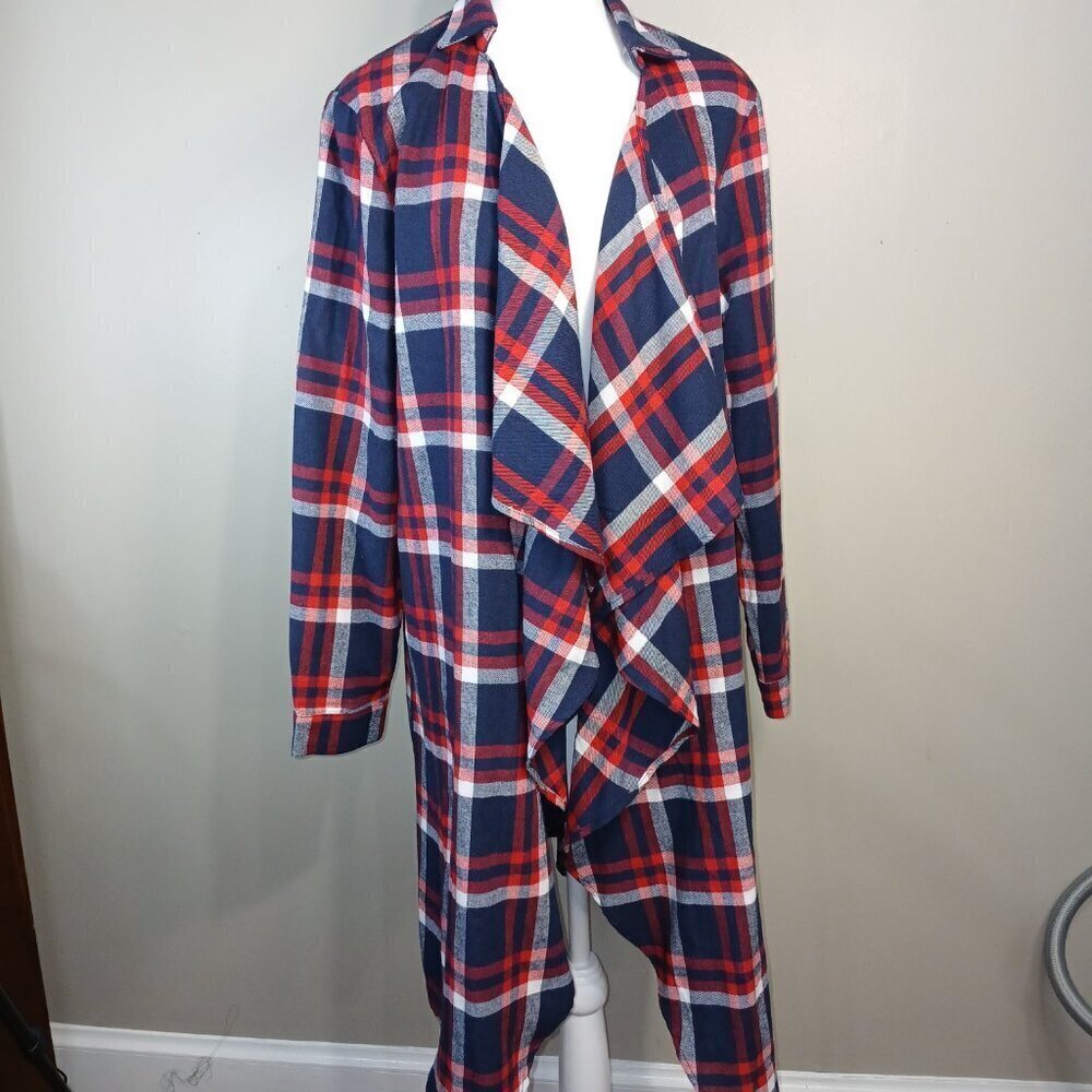 ANDREE BY UNIT LONG OPEN FLANNEL KIMONO BLUE AND RED PLAID SIZE MED